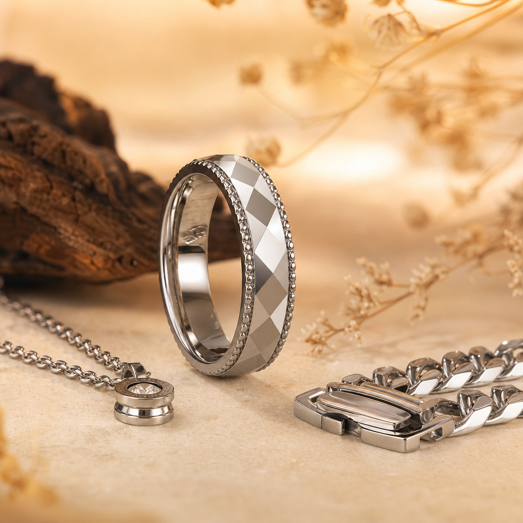 one finished 316L stainless steel charm shown next to a compliance/packaging card for scale and packaging context
