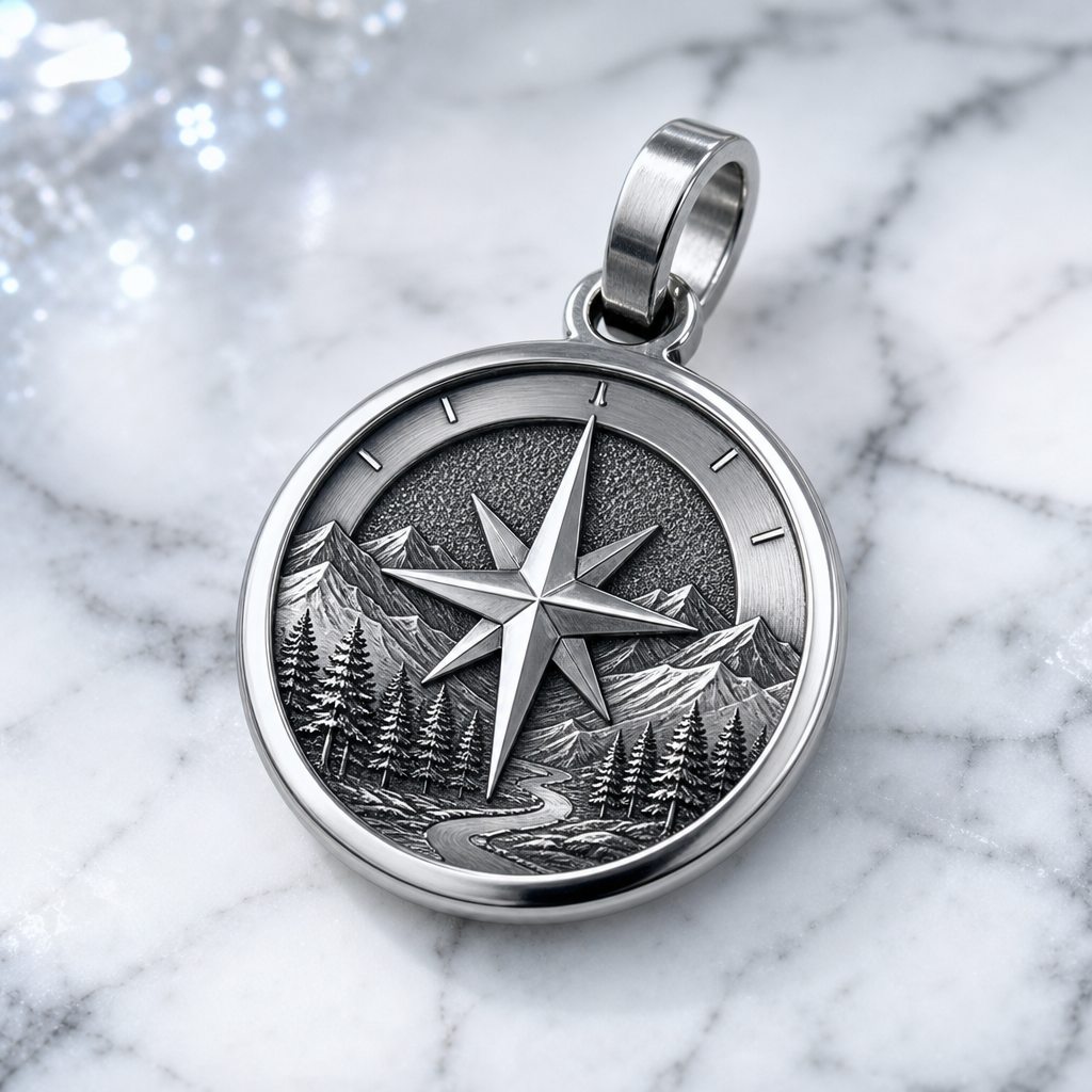 Studio close-up of a 316L stainless steel charm with a closed jump ring and crisp custom engraving, on a clean background with visible surface finish