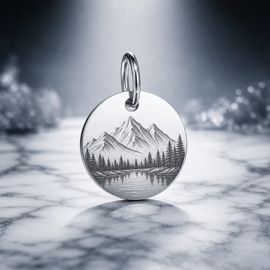 Studio product photo of a single 316L stainless steel engraved charm with jump ring, showing clean engraving recess and realistic metal finish