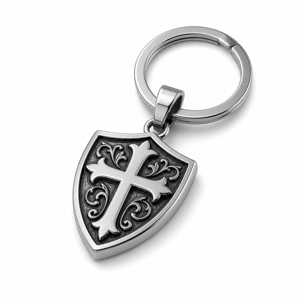 Single 316L stainless steel keychain charm on white background showing closed loop attachment