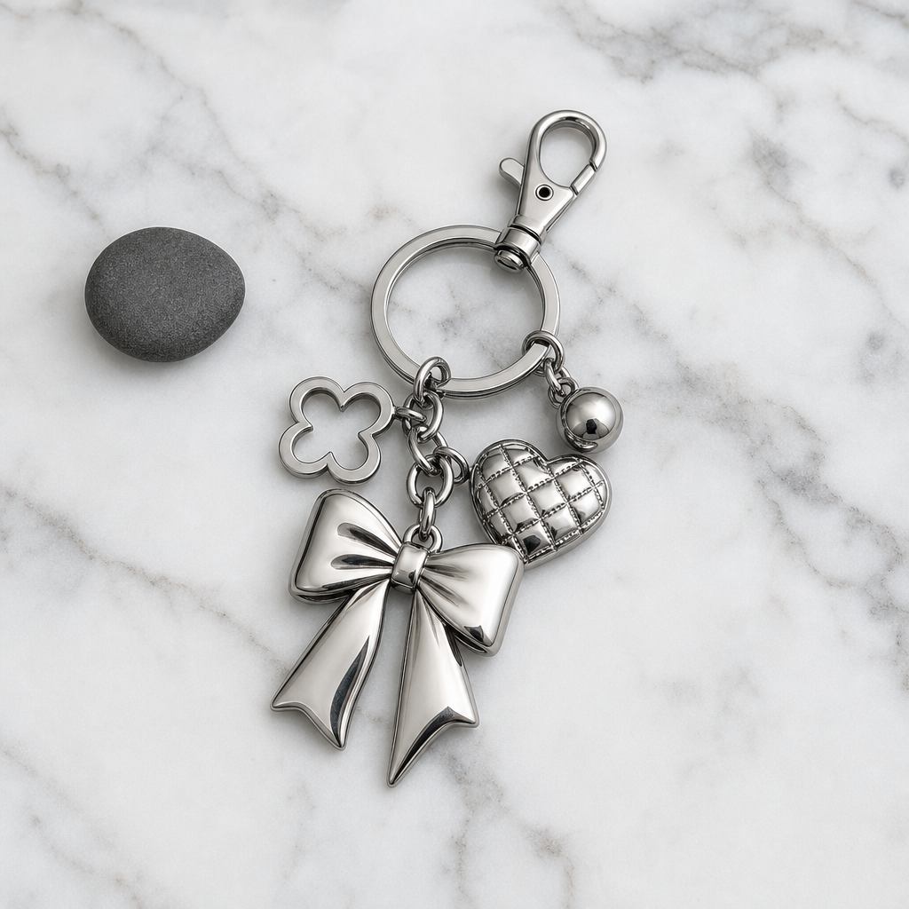 Close-up of a single 316L stainless steel bag charm keychain charm showing bail/jump ring and finish surface, set on a neutral display card for scale and inspection.