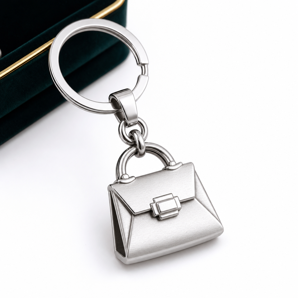Close-up of a 316L stainless steel keychain bag charm showing PVD plating and enamel detail