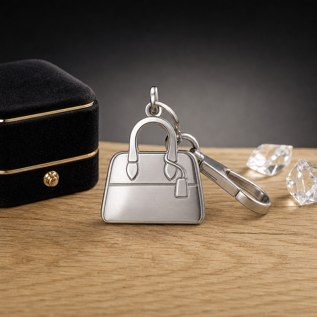 Plausible close-up of a 316L stainless steel charm with PVD gold finish, showing fine surface texture and a visible jump ring through a properly formed hole