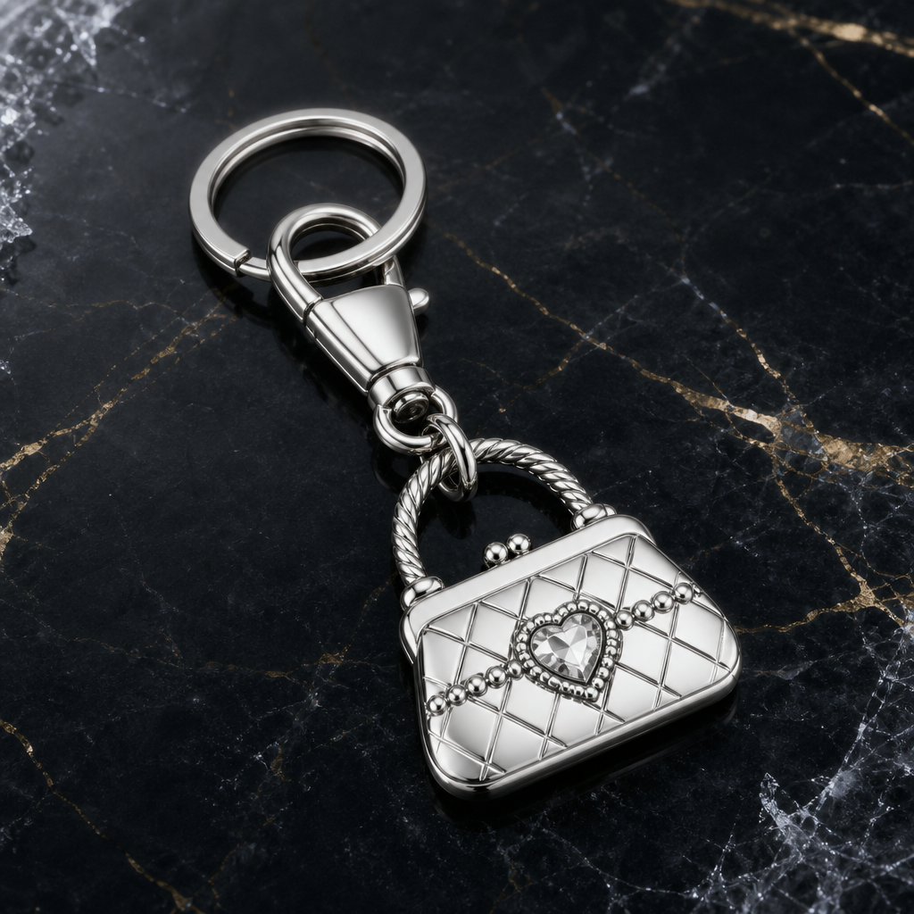 Close-up of a 316L stainless steel purse charm with a PVD gold finish, showing bail, enamel, and subtle engraving details