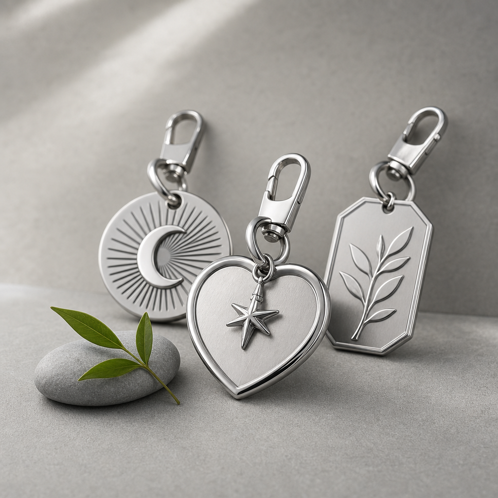 Close-up of a 316L stainless steel bag charm with a durable PVD finish, on a clean studio backdrop.