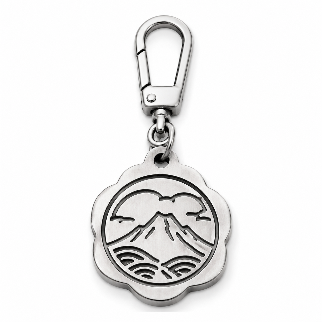 Pure white background close-up of a 316L stainless steel keychain charm with visible bail and smooth PVD finish