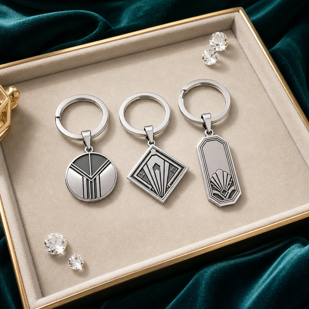 Close-up of a 316L stainless steel keychain charm showing PVD gold finish and clean edge detailing