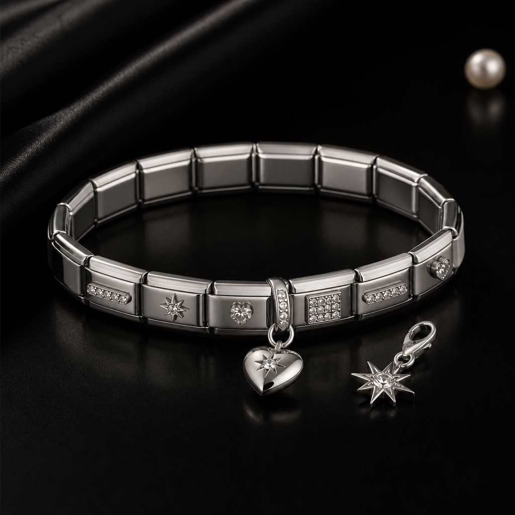 Pure white background showing a single 316L stainless steel link charm with visible bail and jump ring