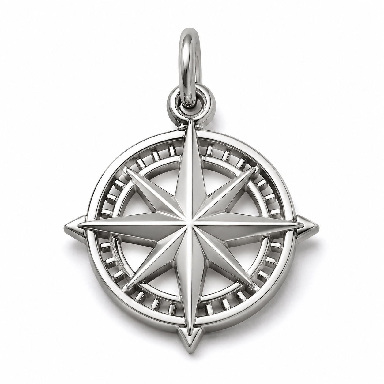 Close-up of a polished 316L stainless steel charm with enamel fill on a white background