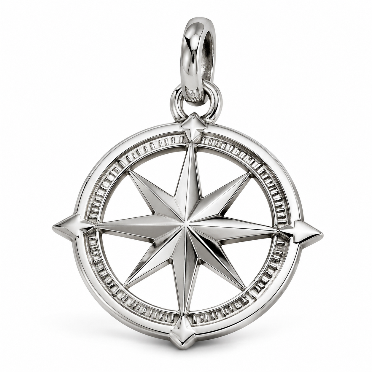 Close-up of a 316L stainless steel charm showing PVD gold plating, engraved logo, and enamel inset on a white background