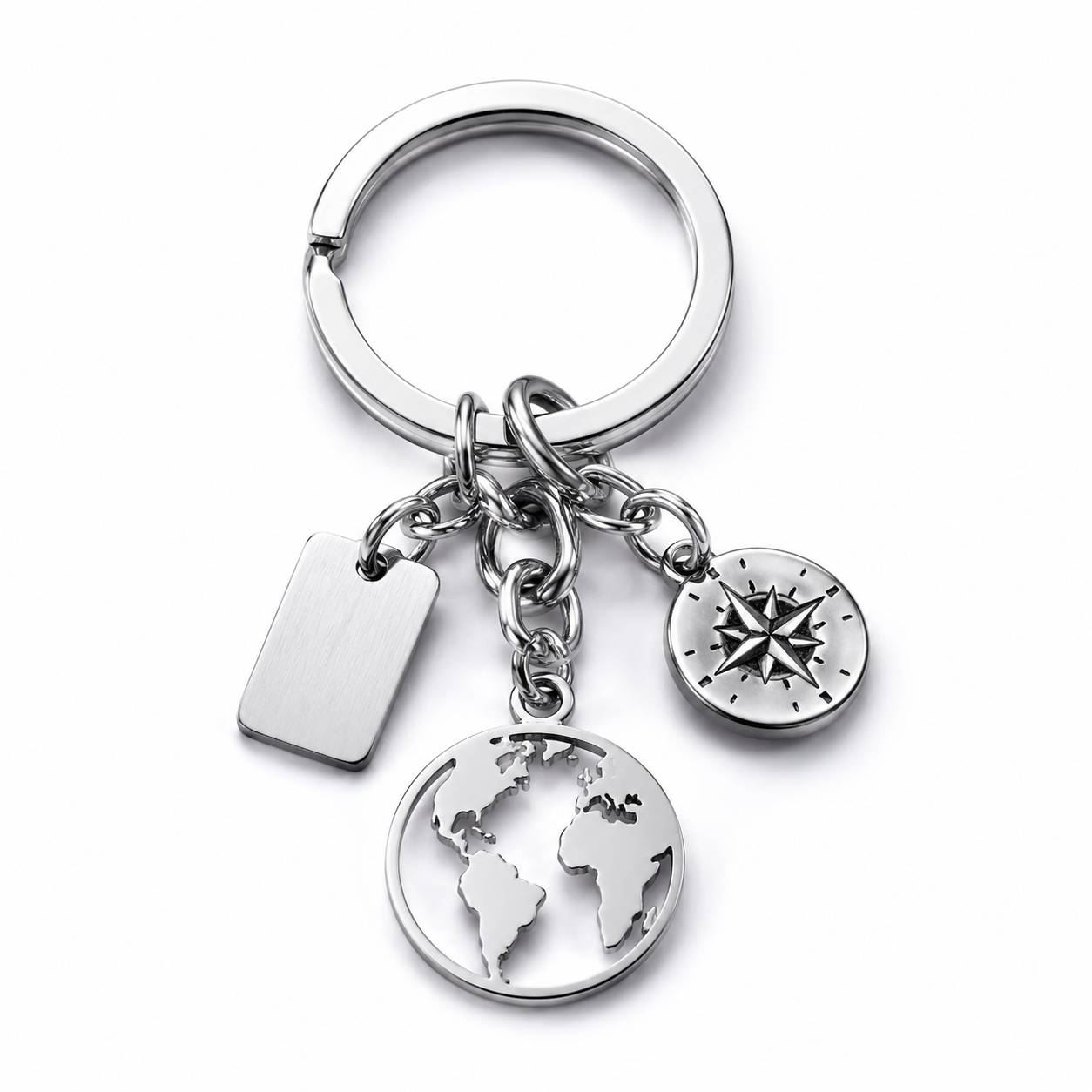 Close-up of a 316L stainless steel keychain with charms on a neutral background