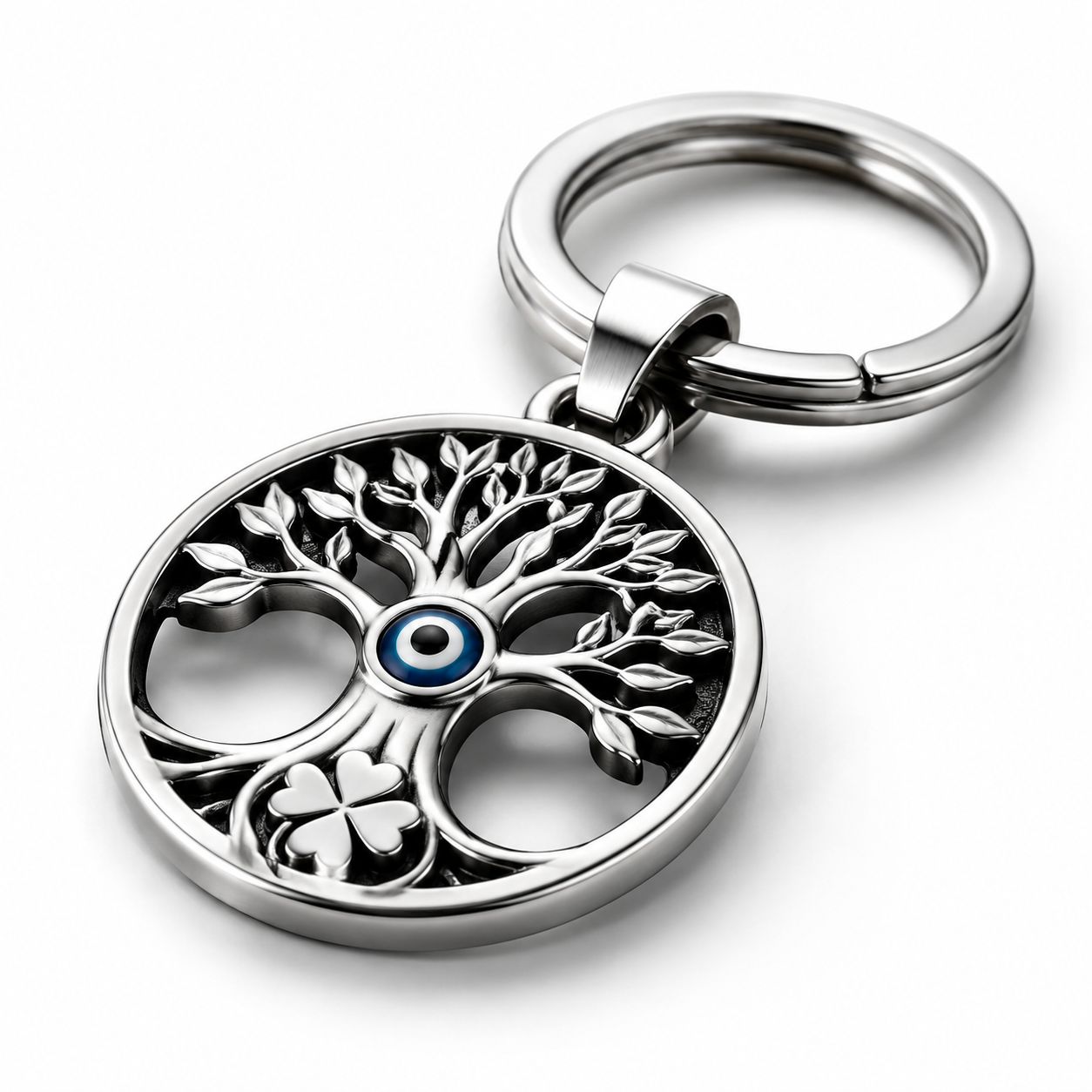Premium stainless steel keychain charm on packaging card