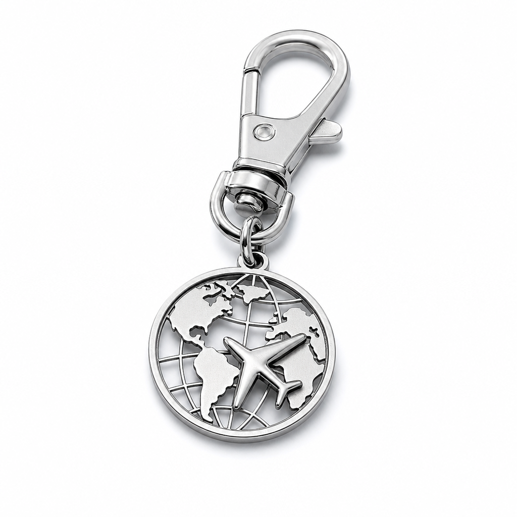 Close-up of a 316L stainless steel travel charm keychain with a smooth PVD finish