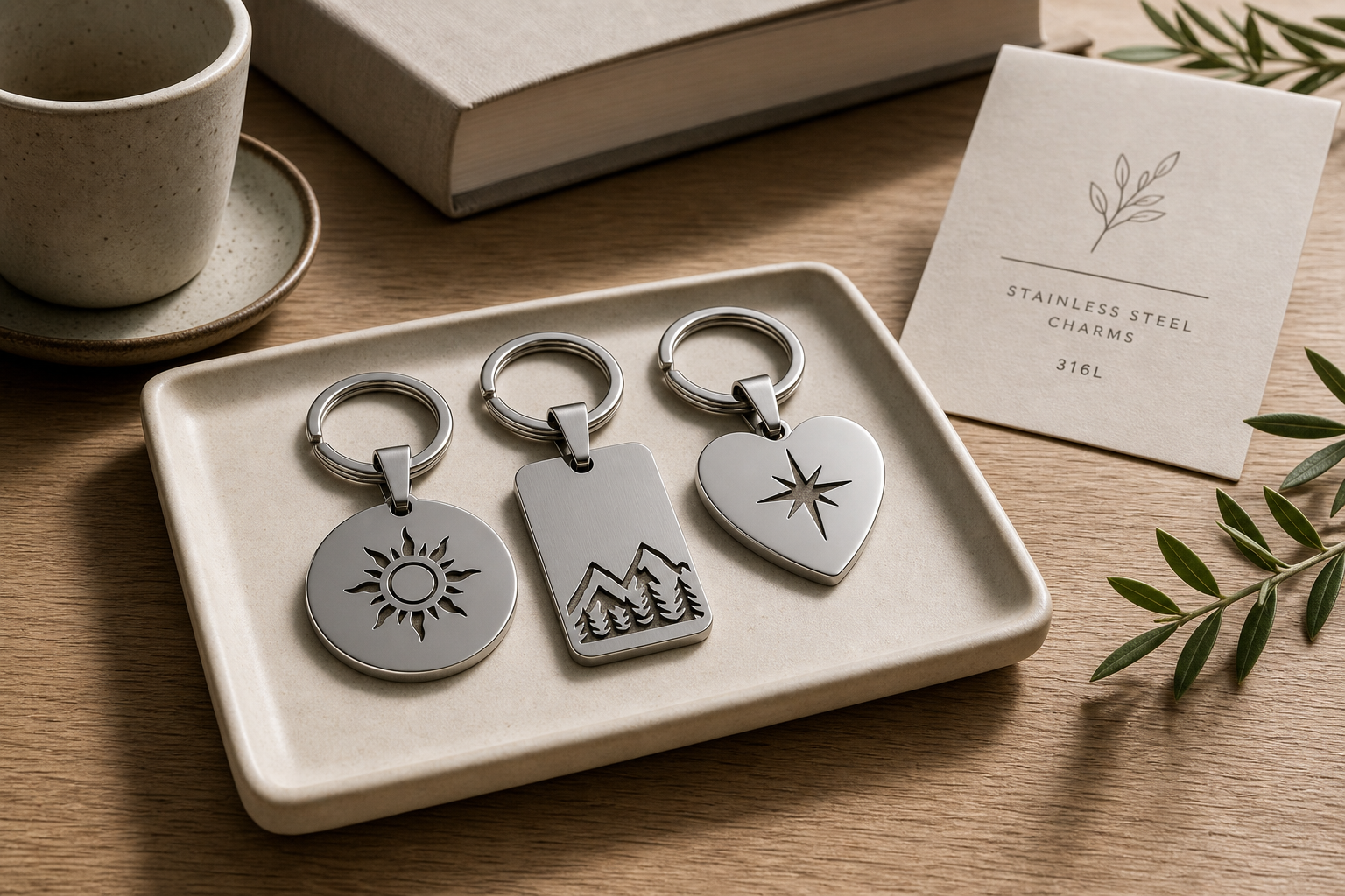 Close-up of a 316L stainless steel keychain charm with PVD gold plating on white background