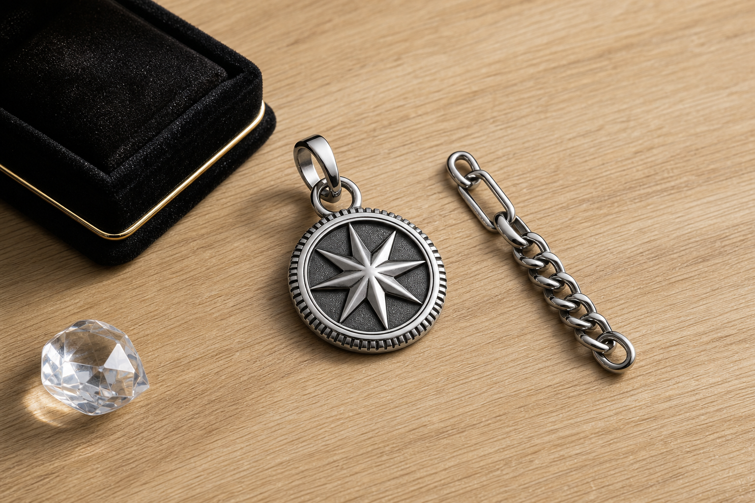 Close-up of a 316L stainless steel charm highlighting the bail, surface finish, and clean edges