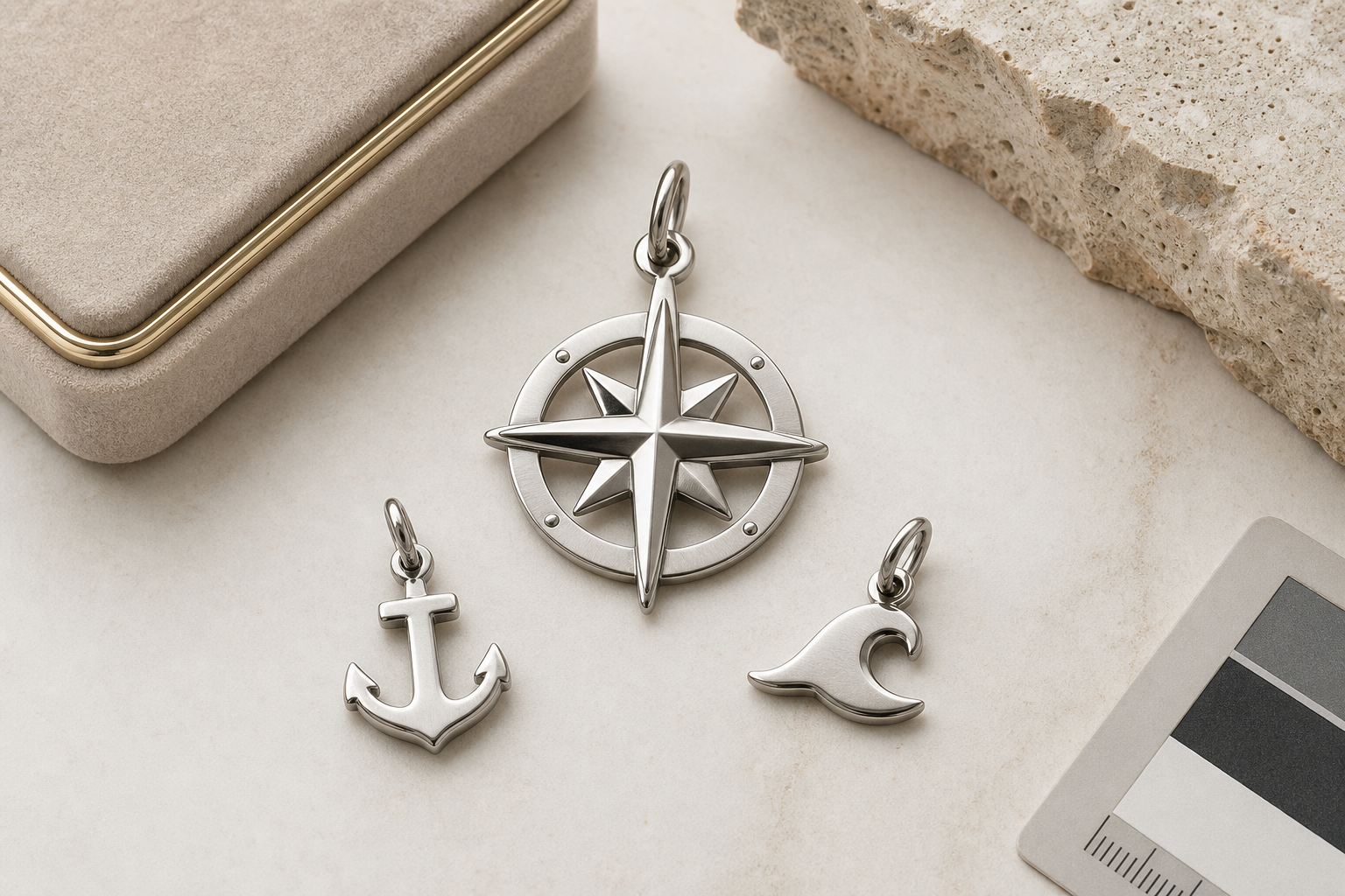 Close-up of a PVD-plated 316L stainless steel charm showing uniform color and a visible bail.