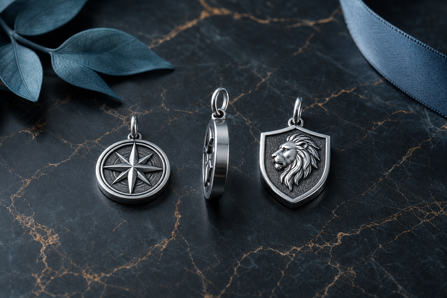 Studio shot of a 316L stainless steel charm on a display tray for packaging context