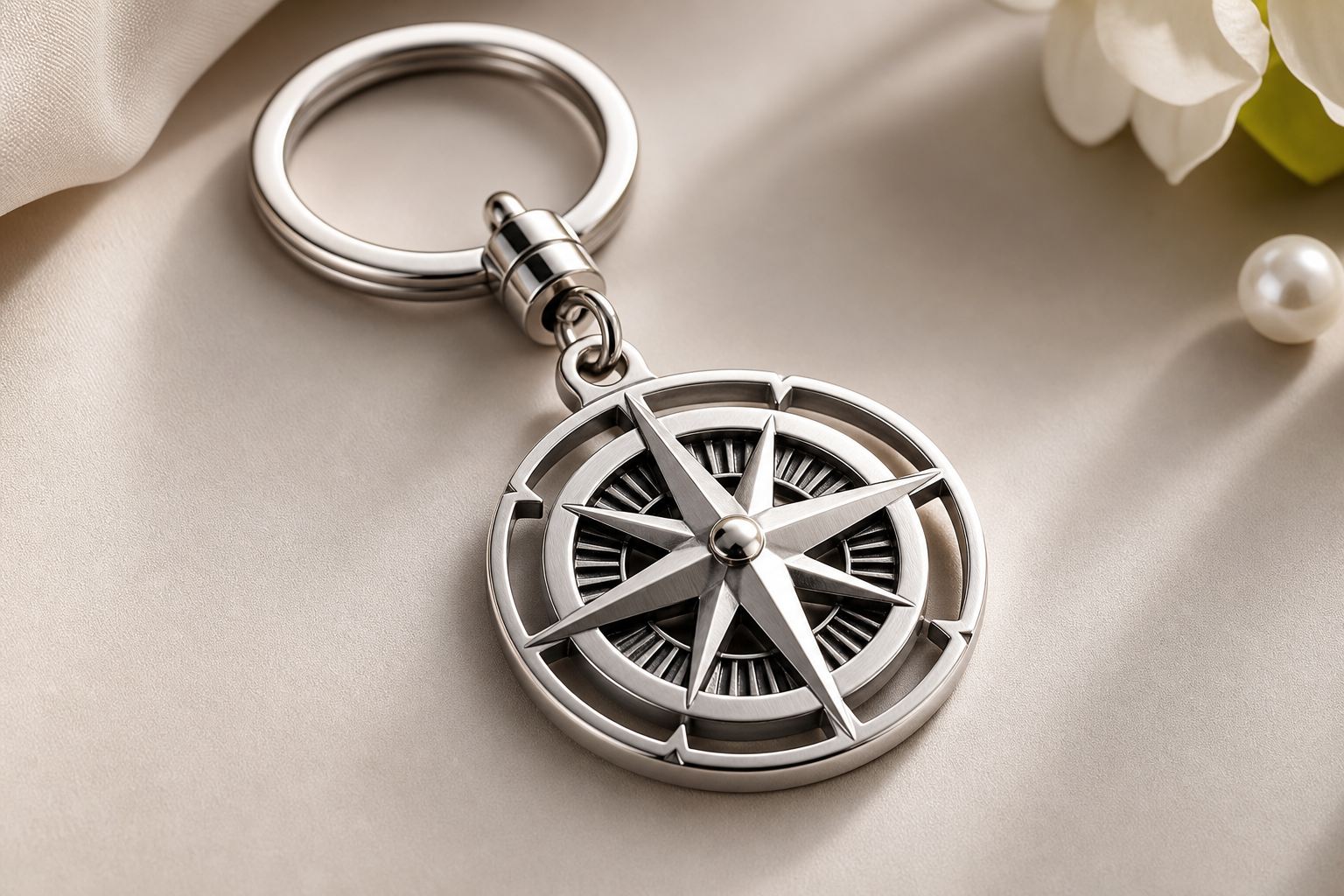 Close-up of a 316L stainless steel keychain charm with PVD gold plating and enamel fill