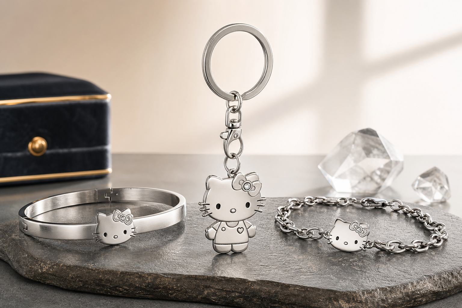 Studio-grade close-up of a 316L stainless steel character charm keychain on white background