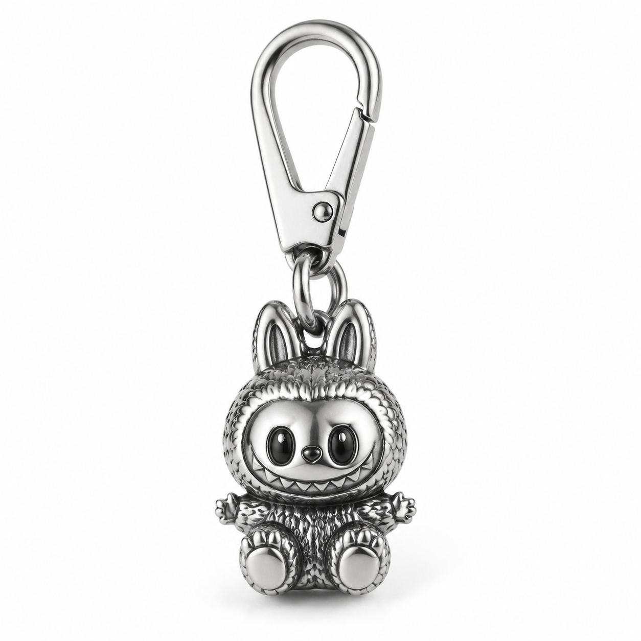 Premium micro-labubu stainless steel charm on white background
