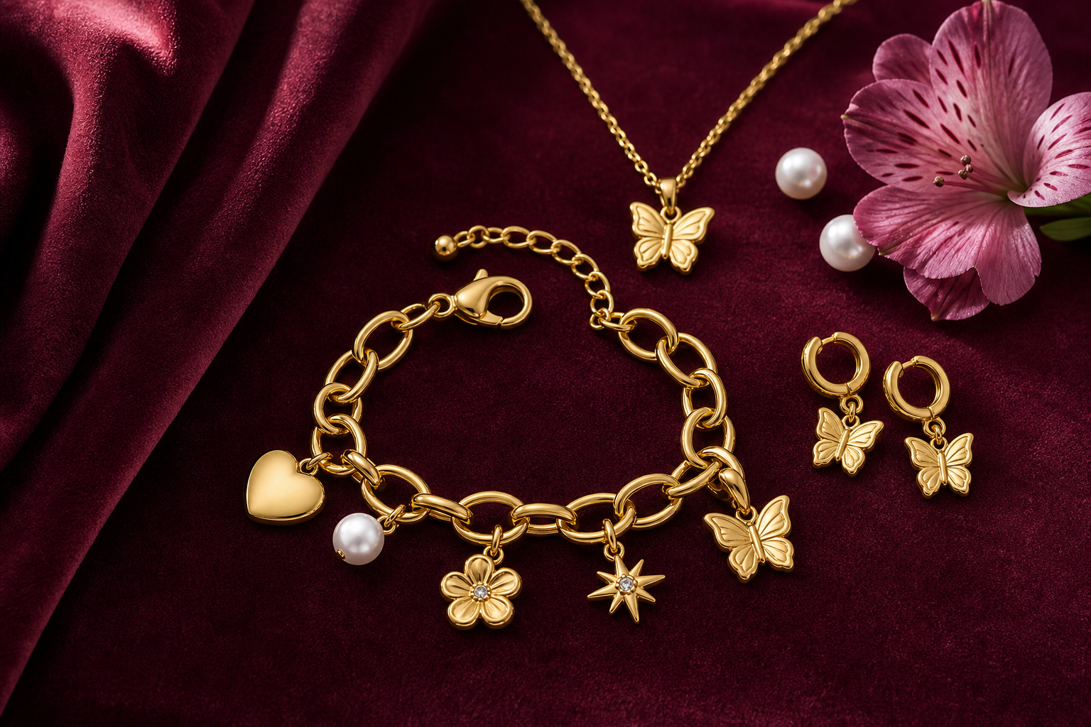 Premium boutique charm bar display with gold-plated 316L stainless steel charms on neutral packaging