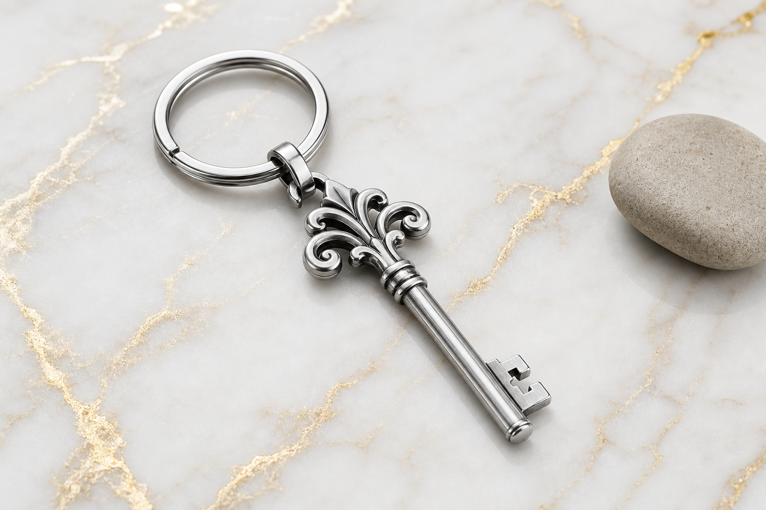 A single polished 316L stainless steel vintage keychain charm with a subtle enamel fill and a visible jump ring on white background