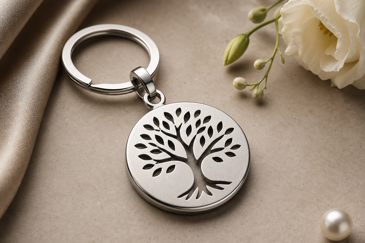 Studio shot of a single 316L stainless steel keychain charm on a white background, showing bail, hole, and surface finish