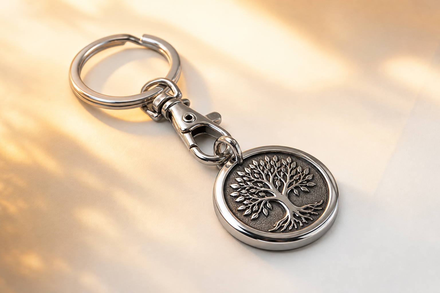 Close-up of a 316L stainless steel charm on a white background