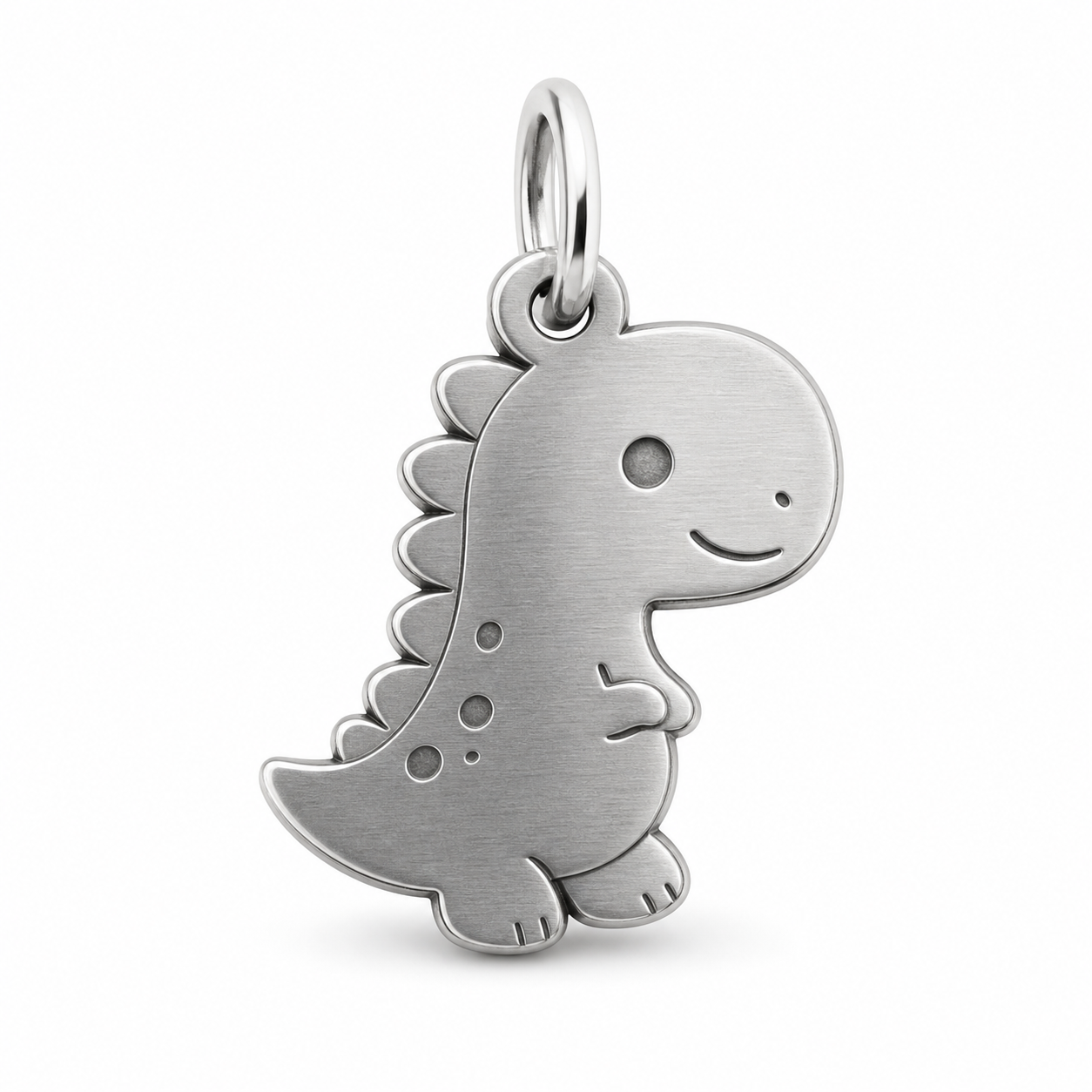 Labubu-style stainless steel keychain charm on white background showing bail and finished surface