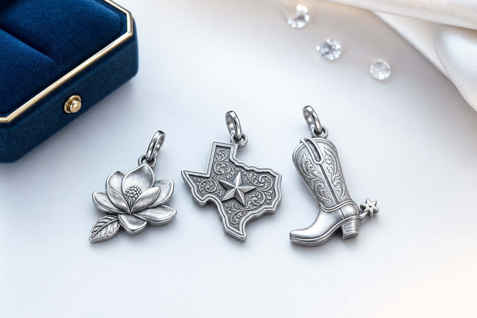 Close-up of a 316L stainless steel charm with PVD gold plating on a white background