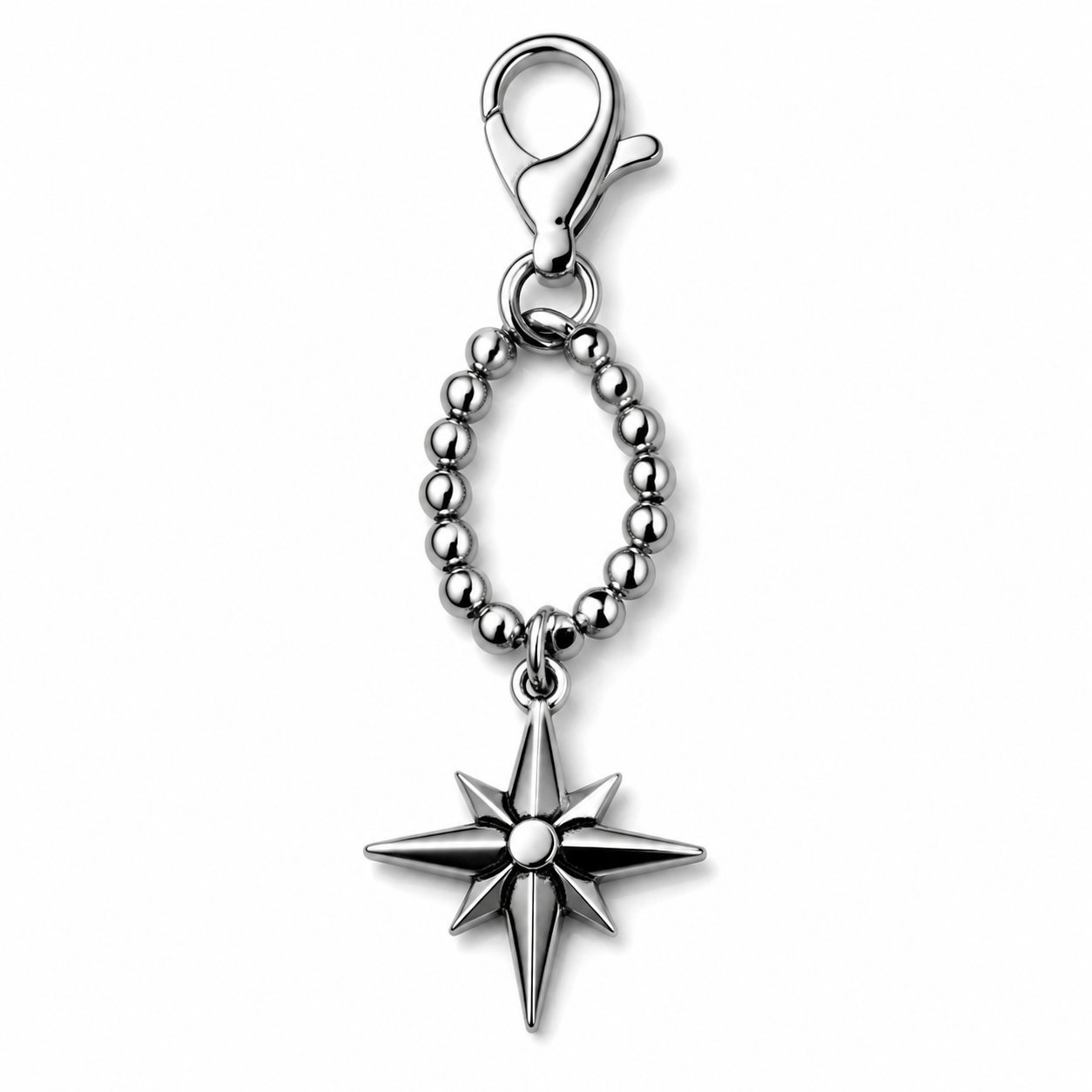 White background product shot of a 316L stainless steel beaded keychain charm