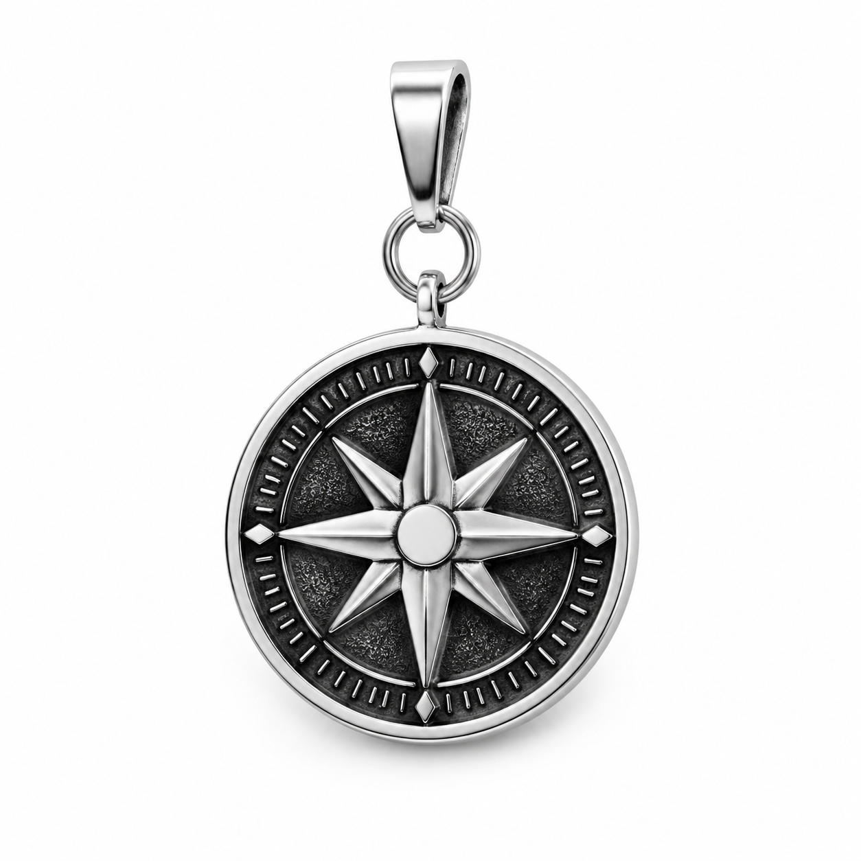 Studio shot of a single stainless steel hanging car charm on a neutral background, showing the bail and mounting holes