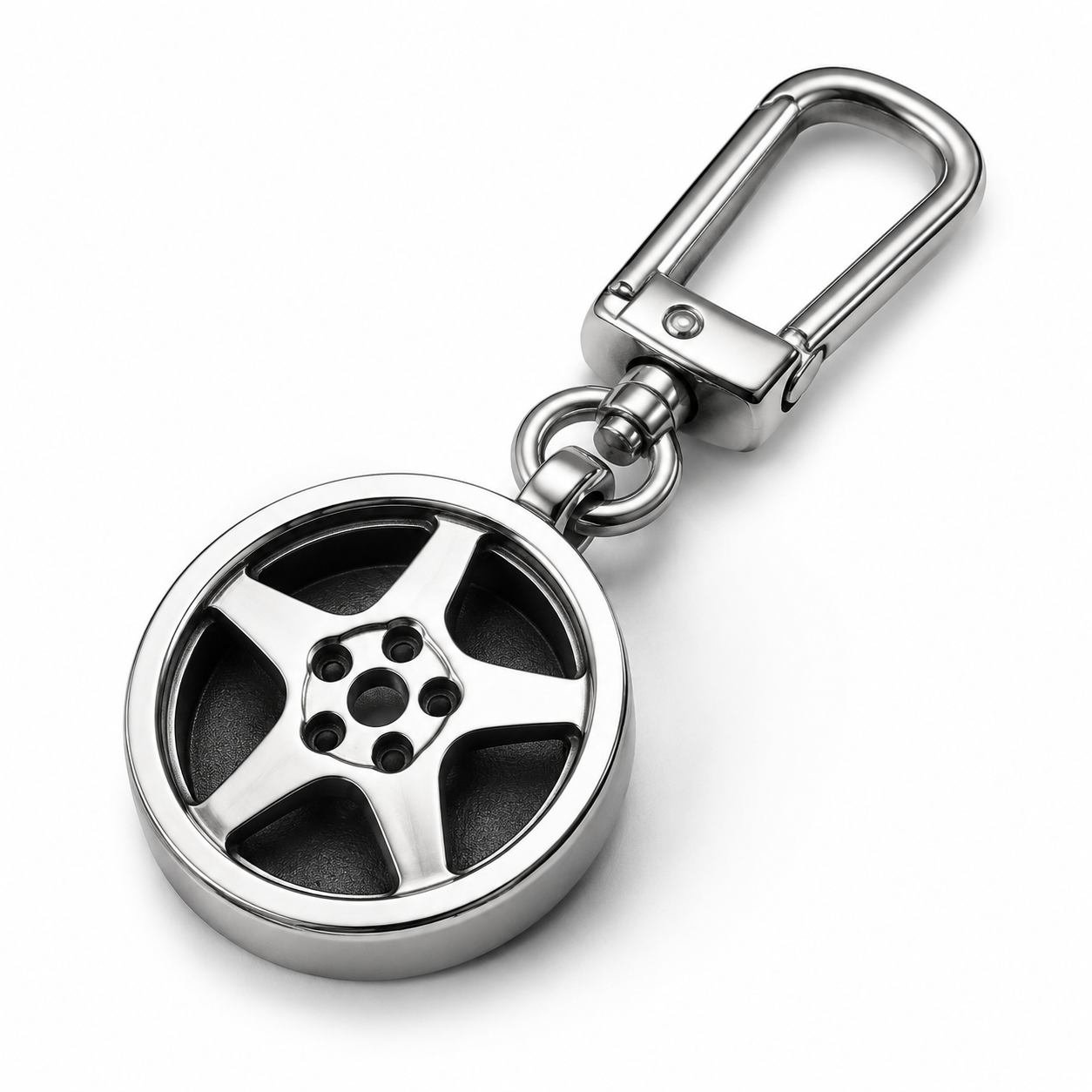 Close-up of a 316L stainless steel key charm with bail and jump ring on a neutral background
