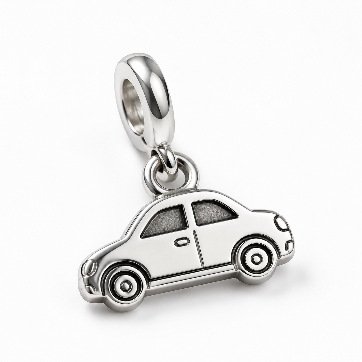 High-detail close-up of a 316L stainless steel car charm with PVD gold plating showing a clean, durable finish