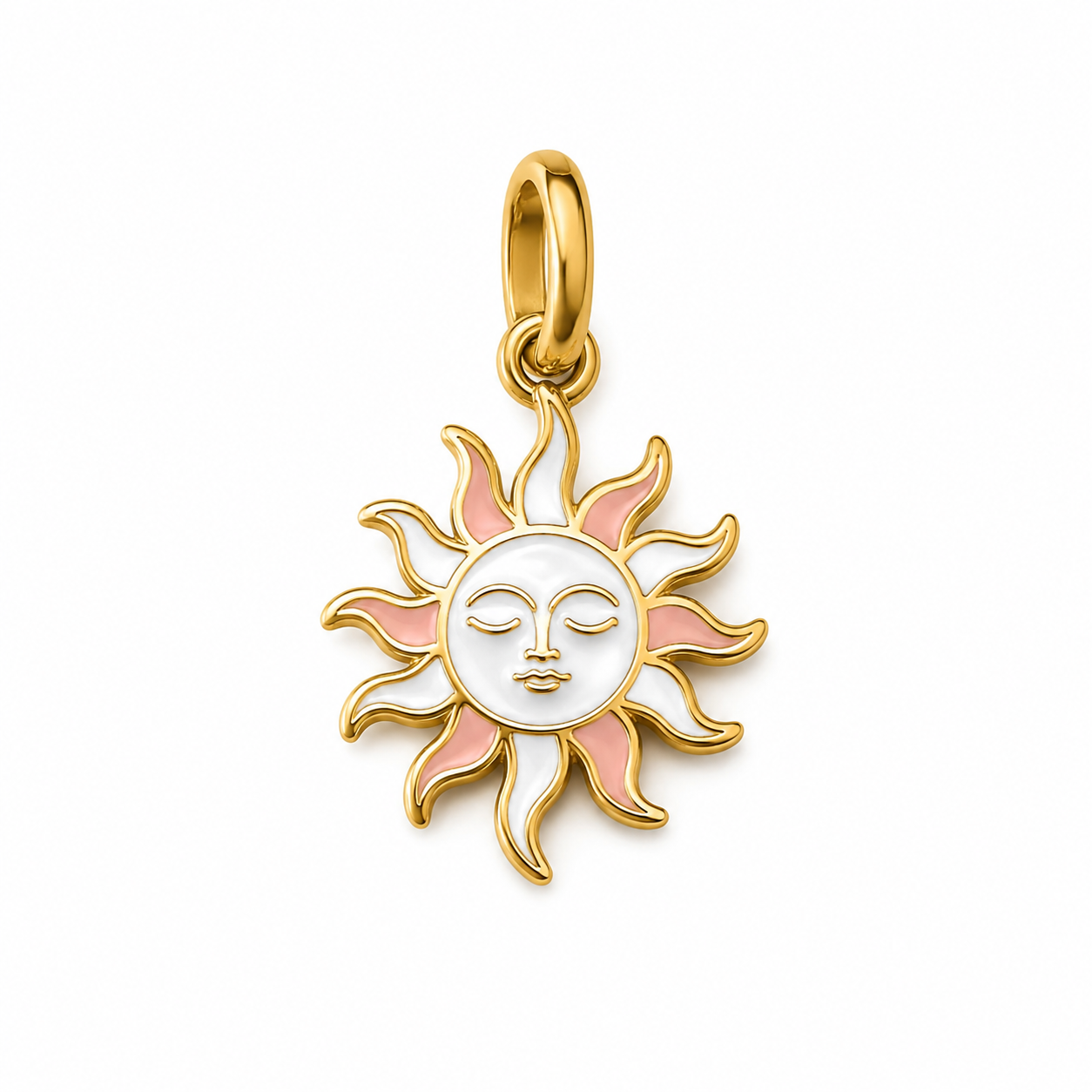 Close-up of a 316L stainless steel enamel charm with vibrant enamel and subtle PVD finish on a white background
