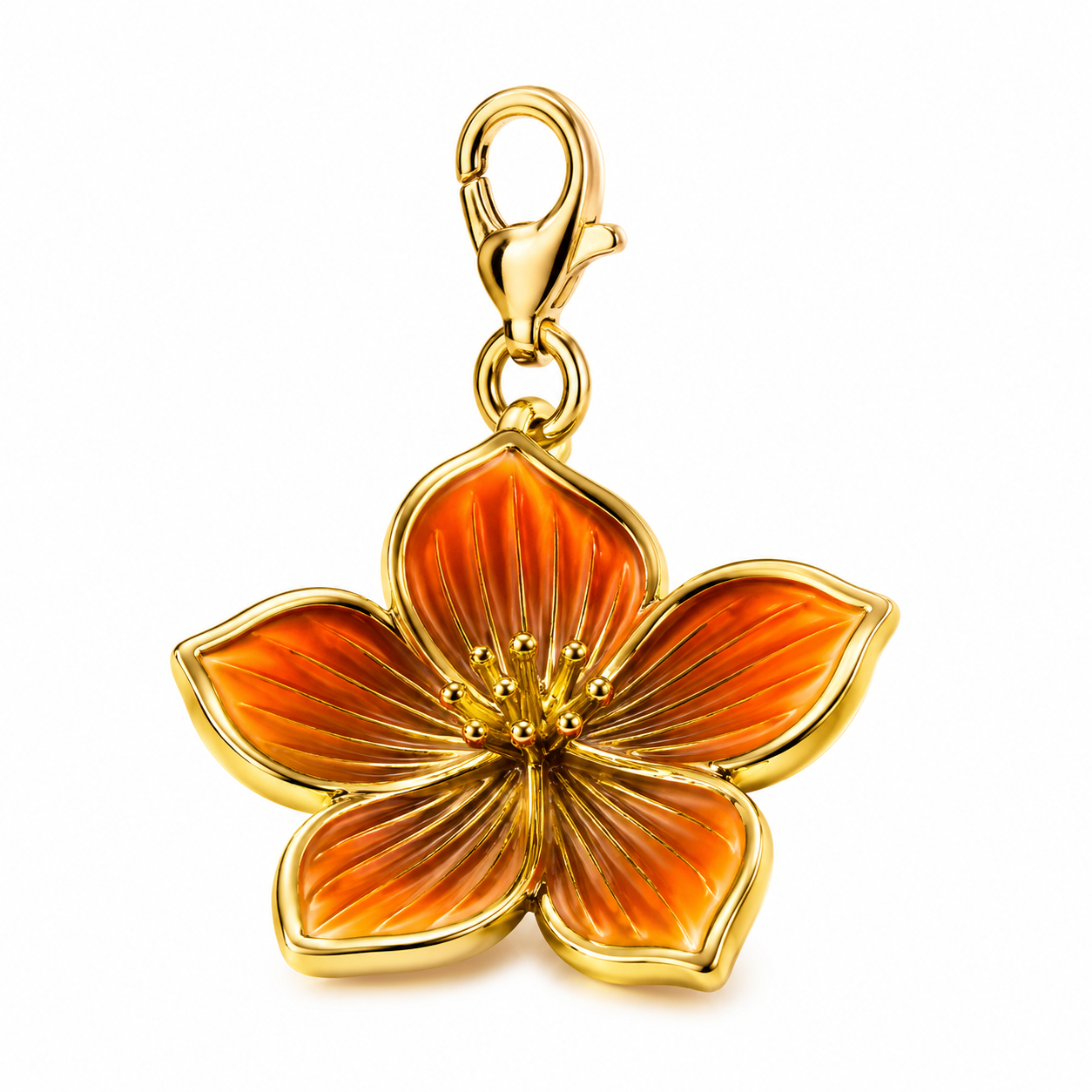 Close-up of a 316L stainless steel charm with PVD gold plating and enamel fill, showing the front design and bail connection