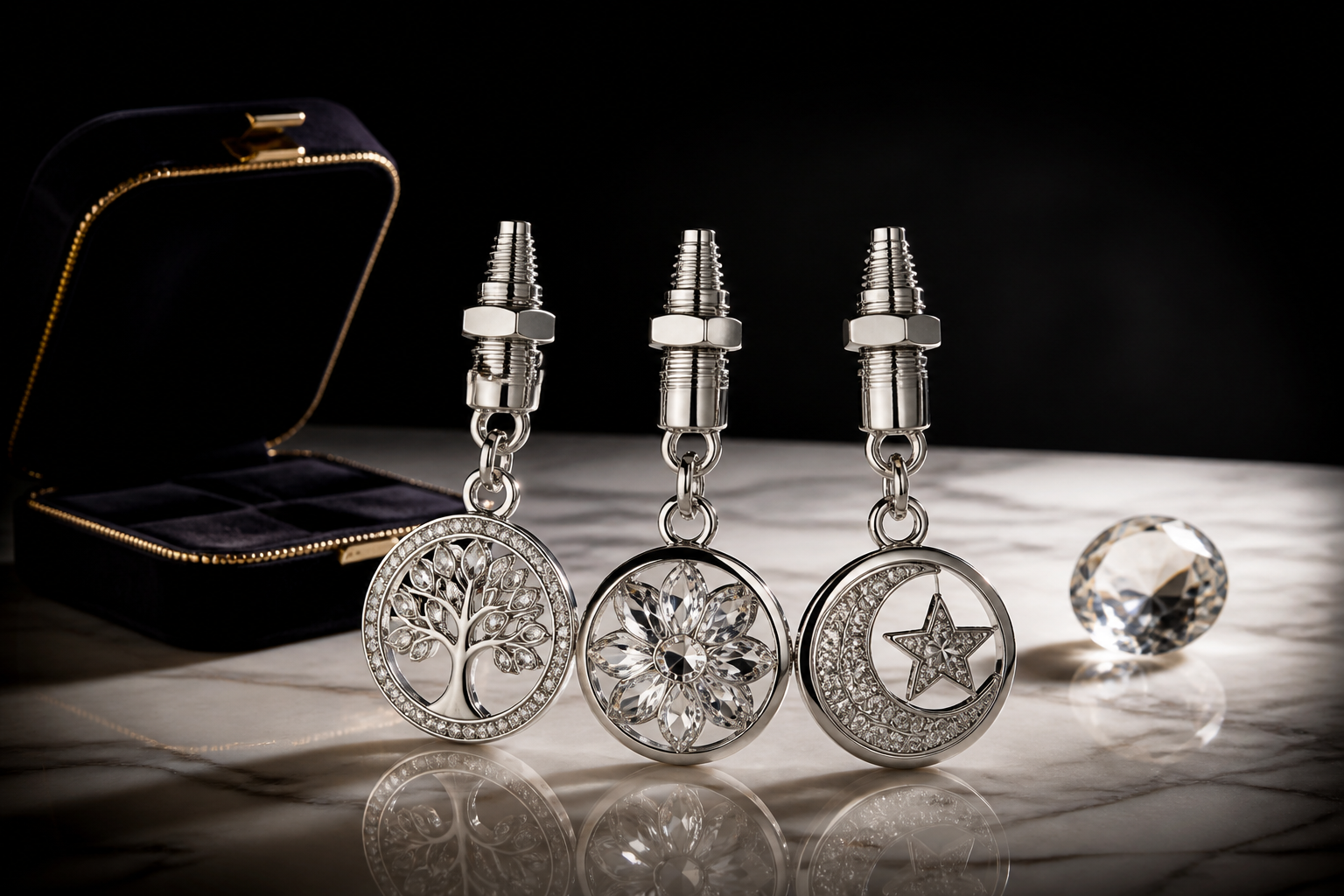 Close-up of a 316L stainless steel car charm with crystal inlay and PVD finish on a white background