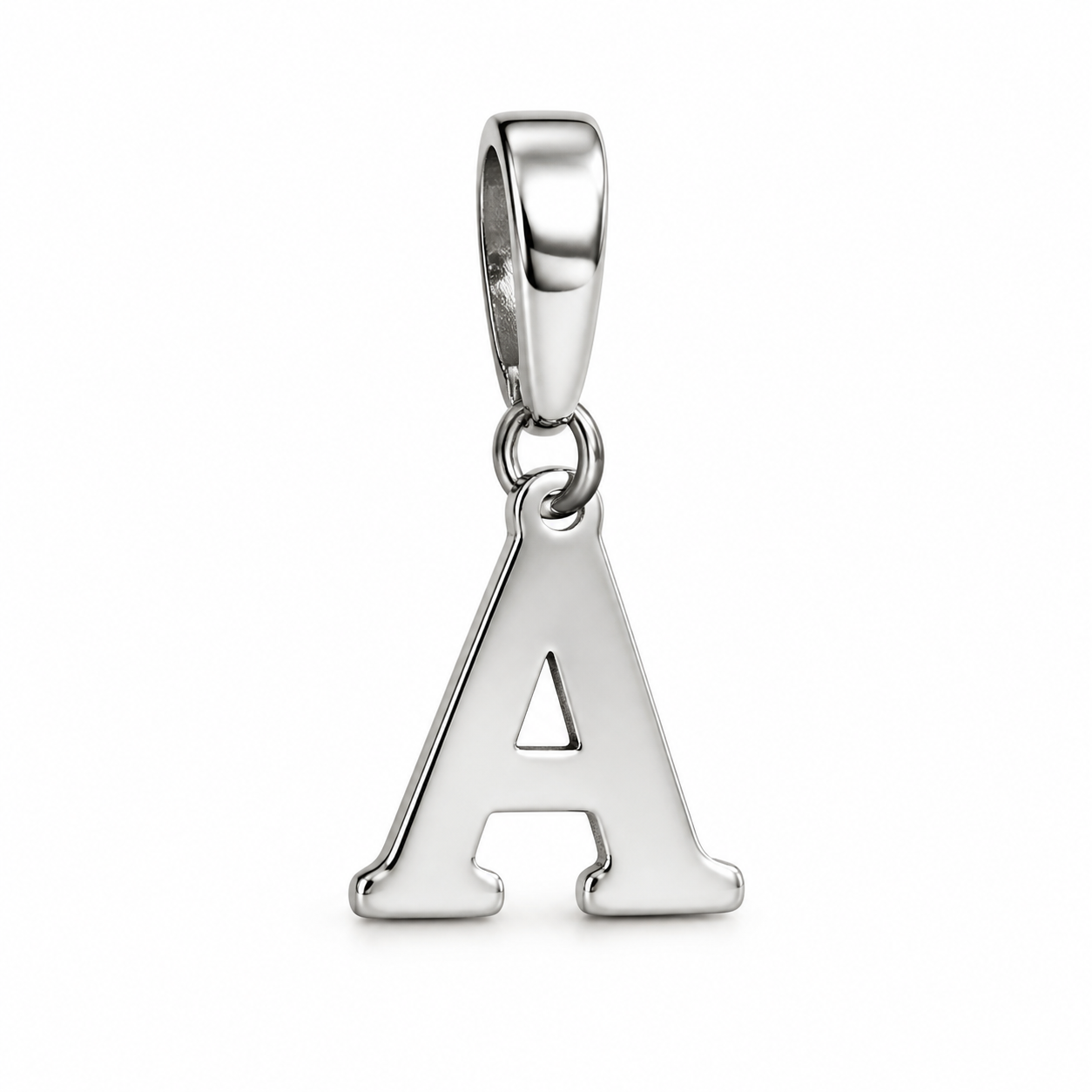 Premium 316L stainless steel letter charm on display card with minimal packaging