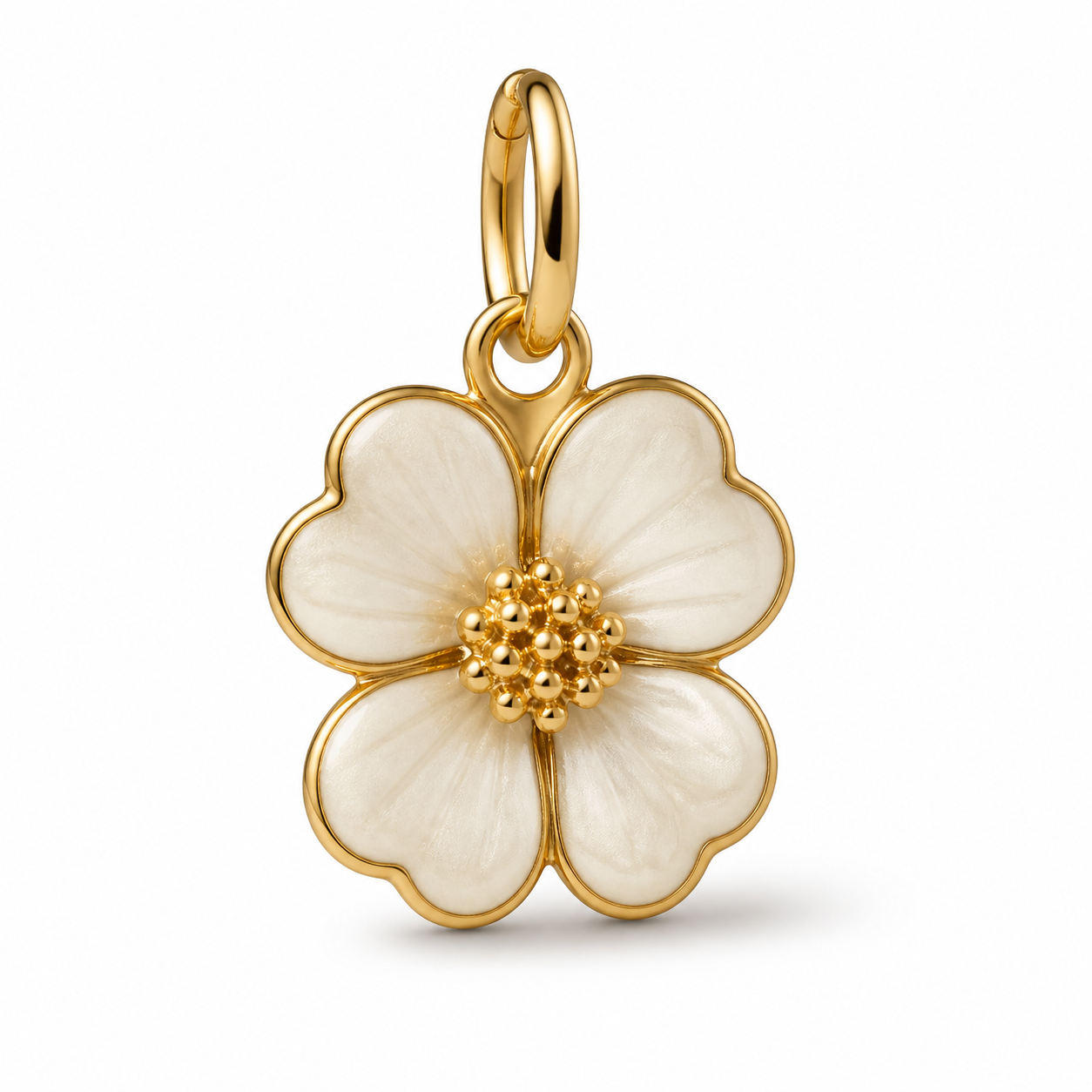 Close-up of enamel flower charm on white background, 316L stainless steel, plated finish