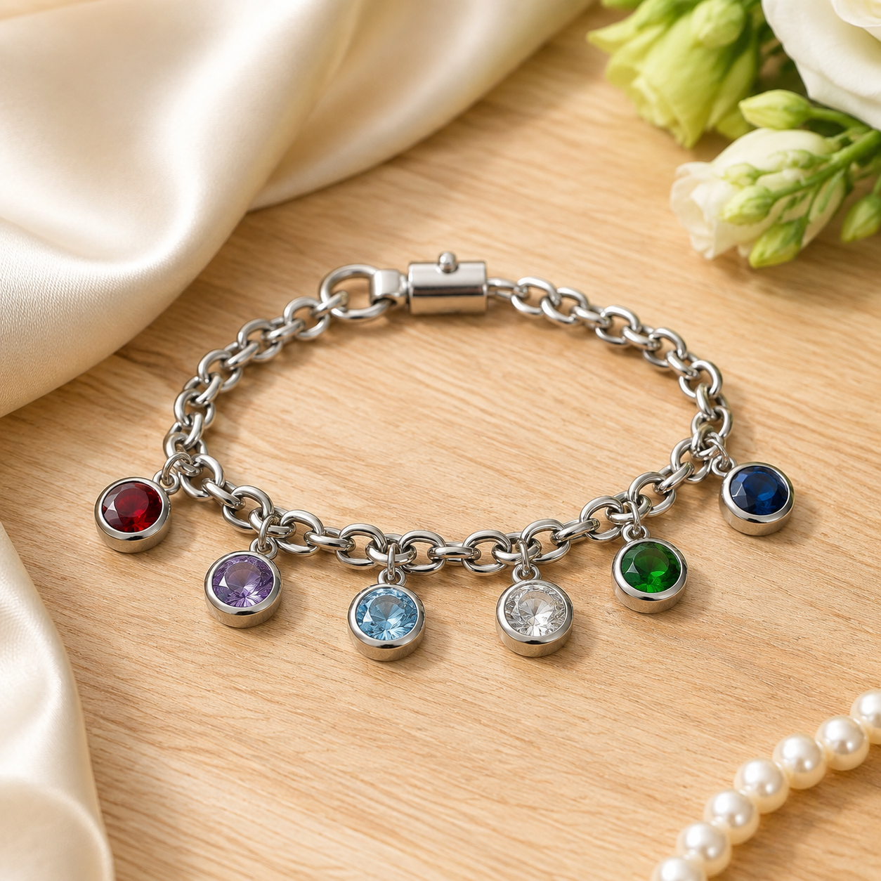 Studio product photography of a 316L stainless steel birthstone charm collection with visible jump rings and clean packaging presentation