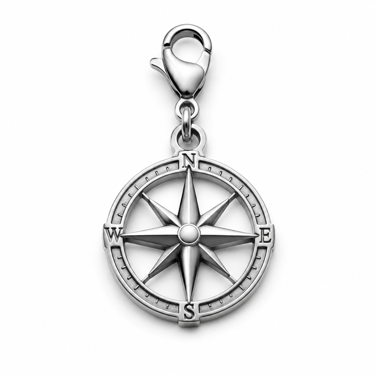 premium studio product photography of a single 316L stainless steel custom car mirror charm with visible jump ring and PVD finish