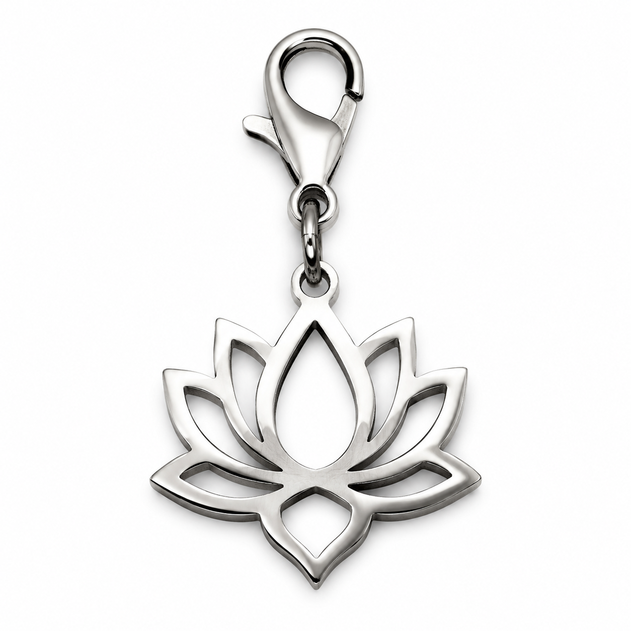 Professional inspection scene showing a single 316L stainless steel rear view mirror car charm with visible jump ring, clean finish, and packaging card