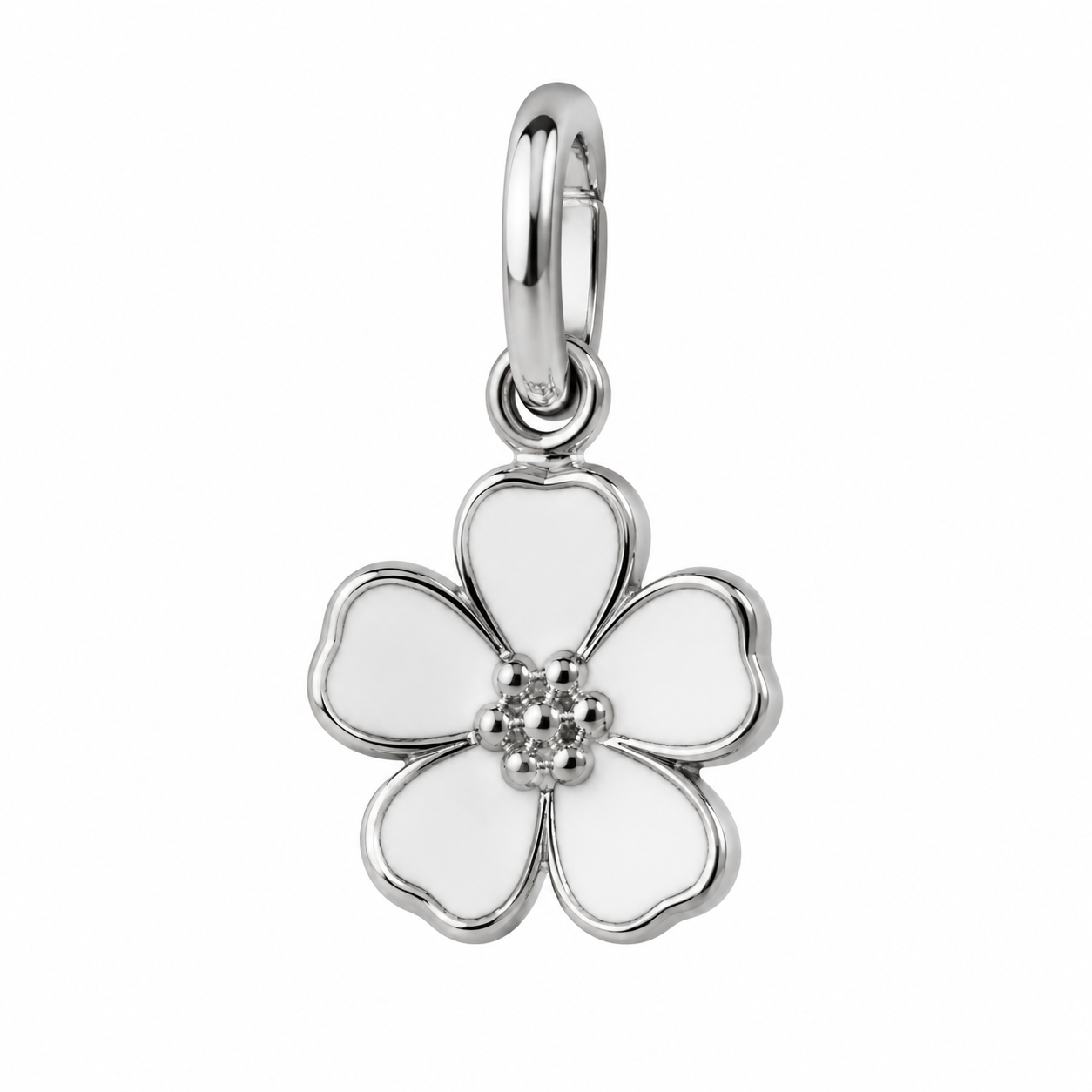 studio product photography of a single 316L stainless steel enamel charm with visible jump ring and silver finish
