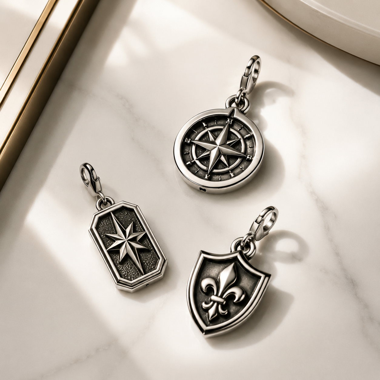 Factory-produced 316L stainless steel charm collection with clean packaging presentation