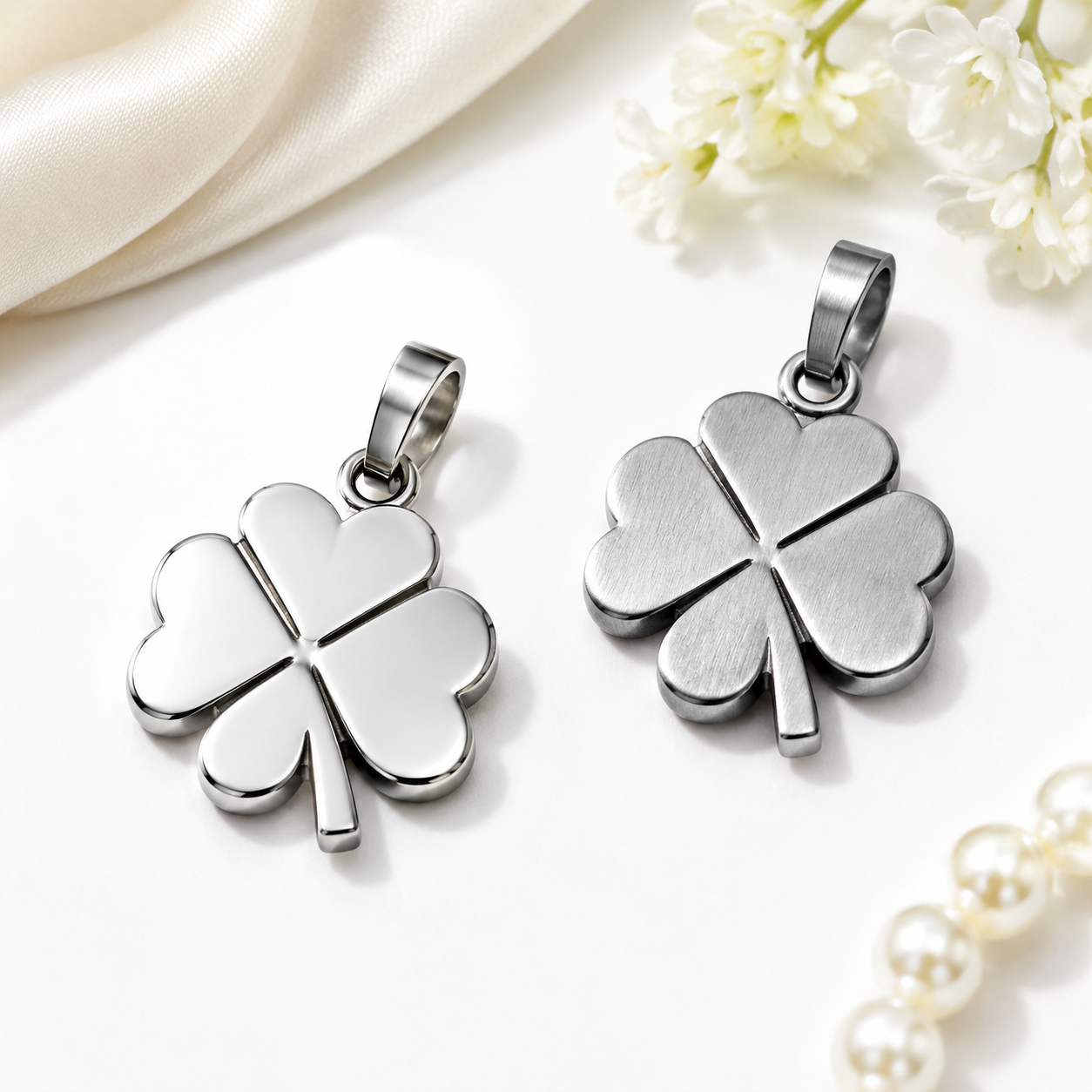 polished and brushed 316L stainless steel charms comparison on a clean studio background