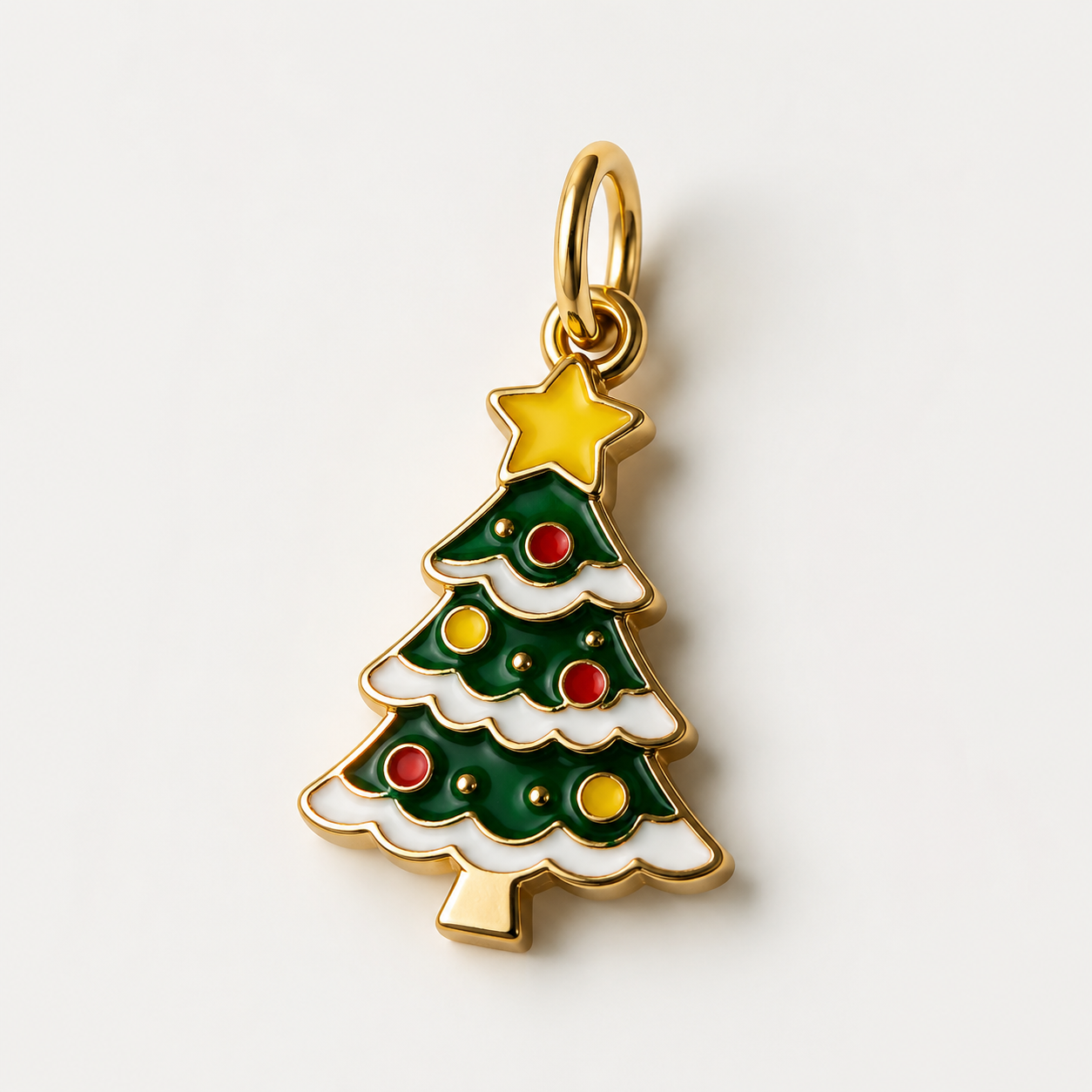 studio product photography of a single 316L stainless steel enamel Christmas charm with visible jump ring on a white background
