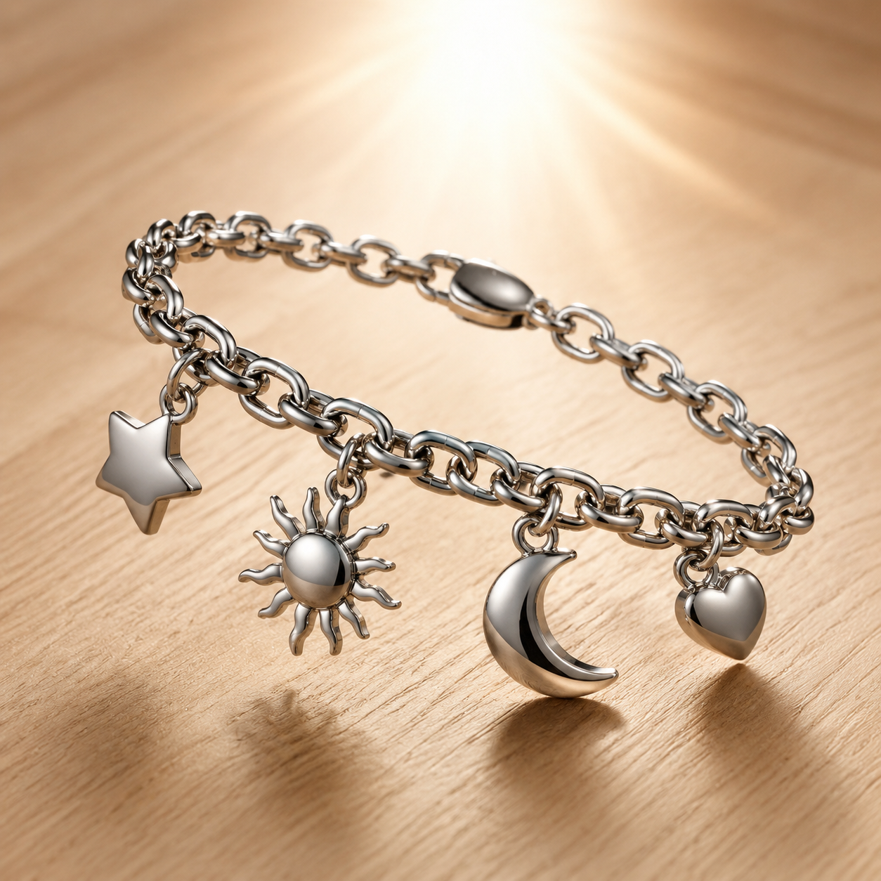 Studio product photography of a single 316L stainless steel charm with visible jump ring and premium finish