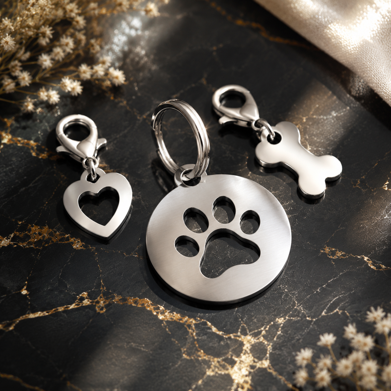 Professional boutique packaging scene featuring organized 316L stainless steel charm accessories