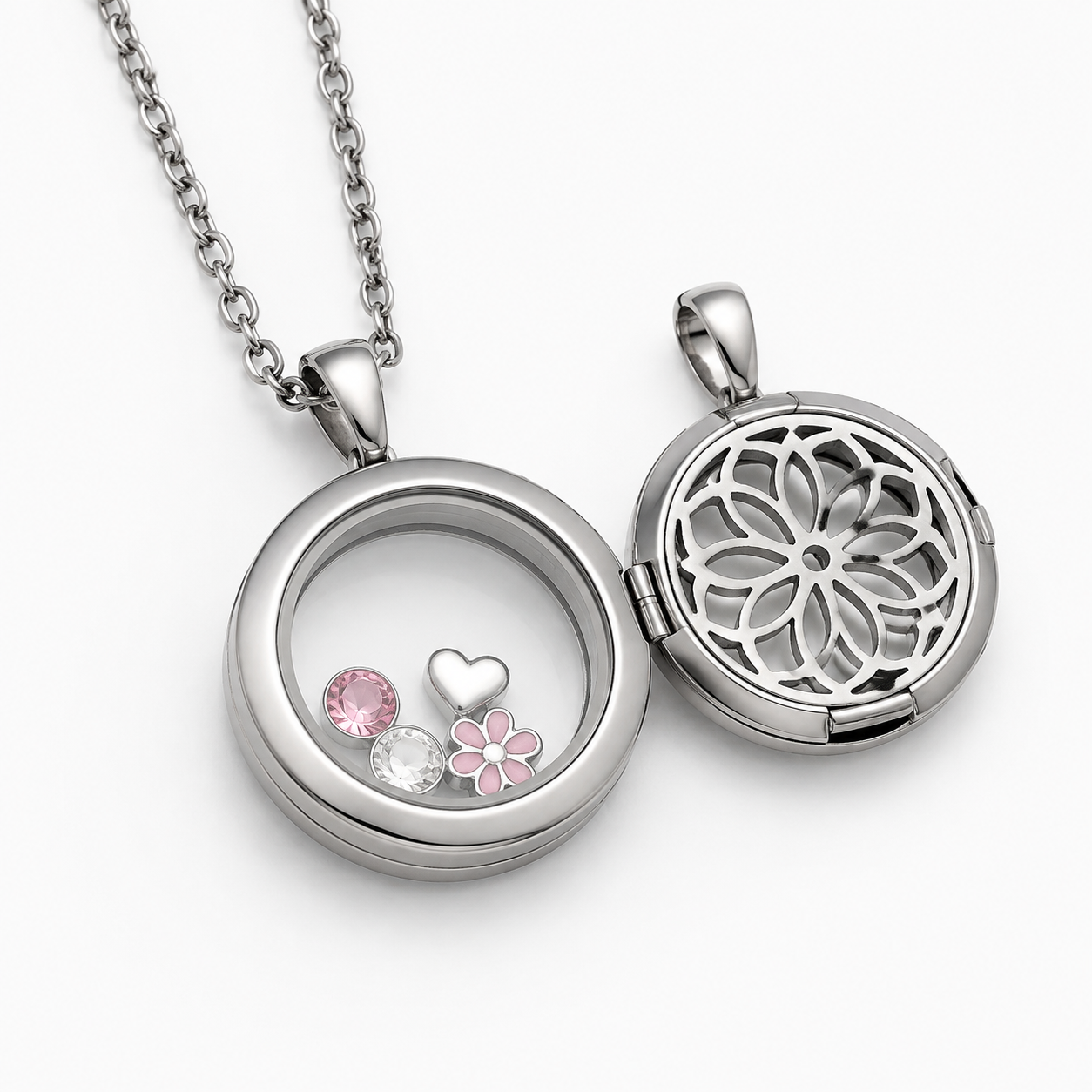 Premium stainless steel charm sample development workspace with organized product trays