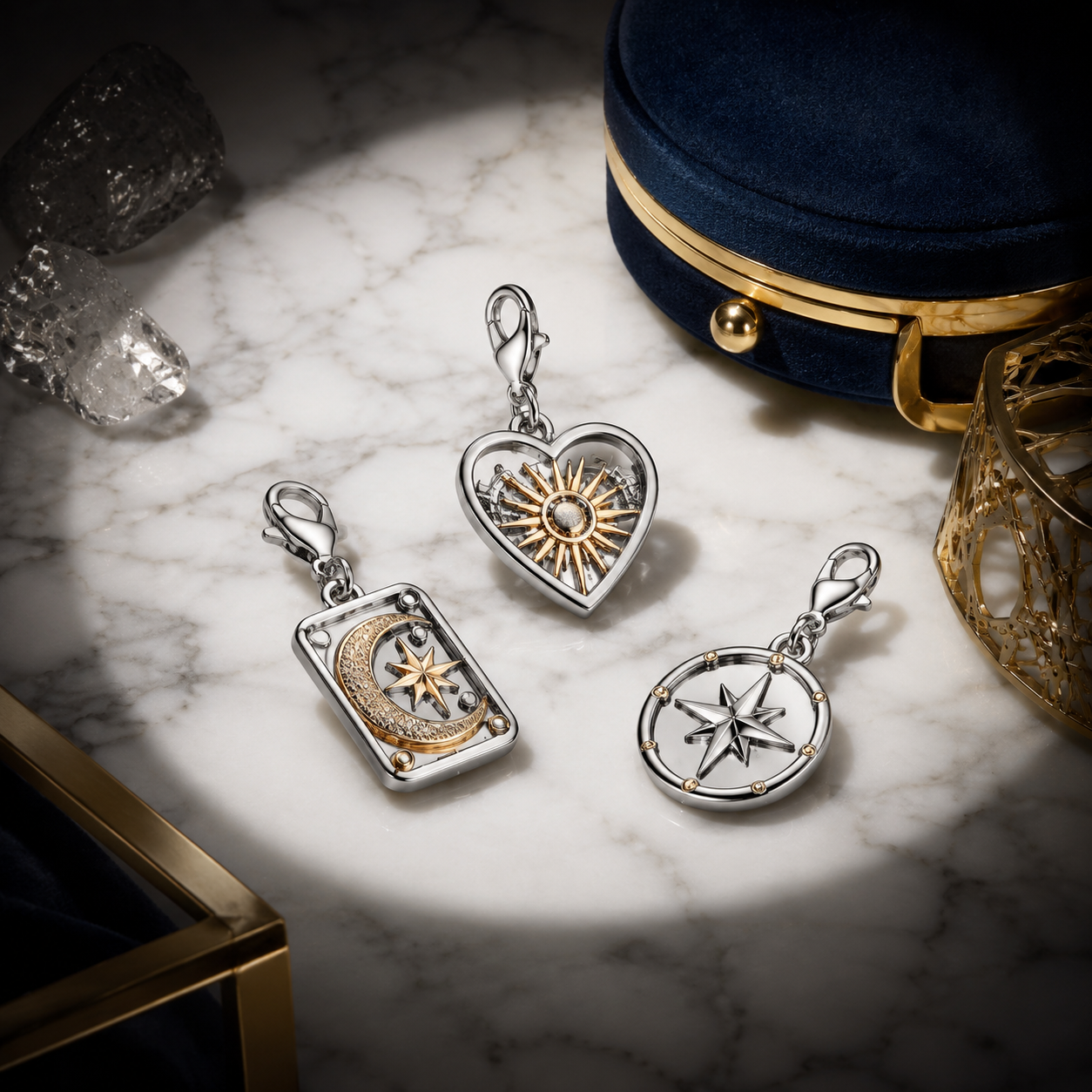 Premium boutique charm collection display with organized stainless steel charms and private-label packaging